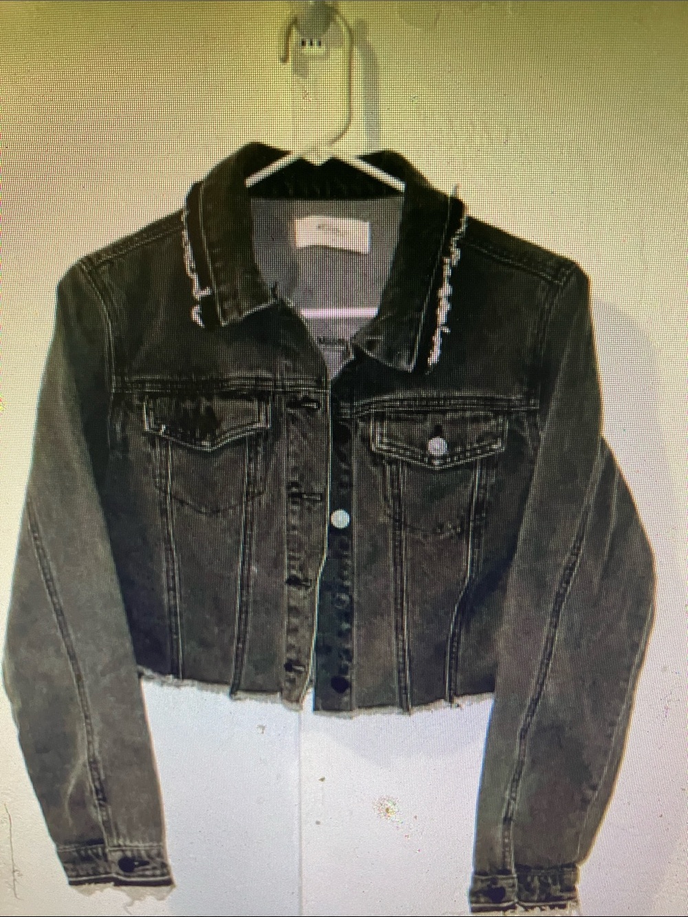 Cropped Black Denim Jacket with Frayed Collar